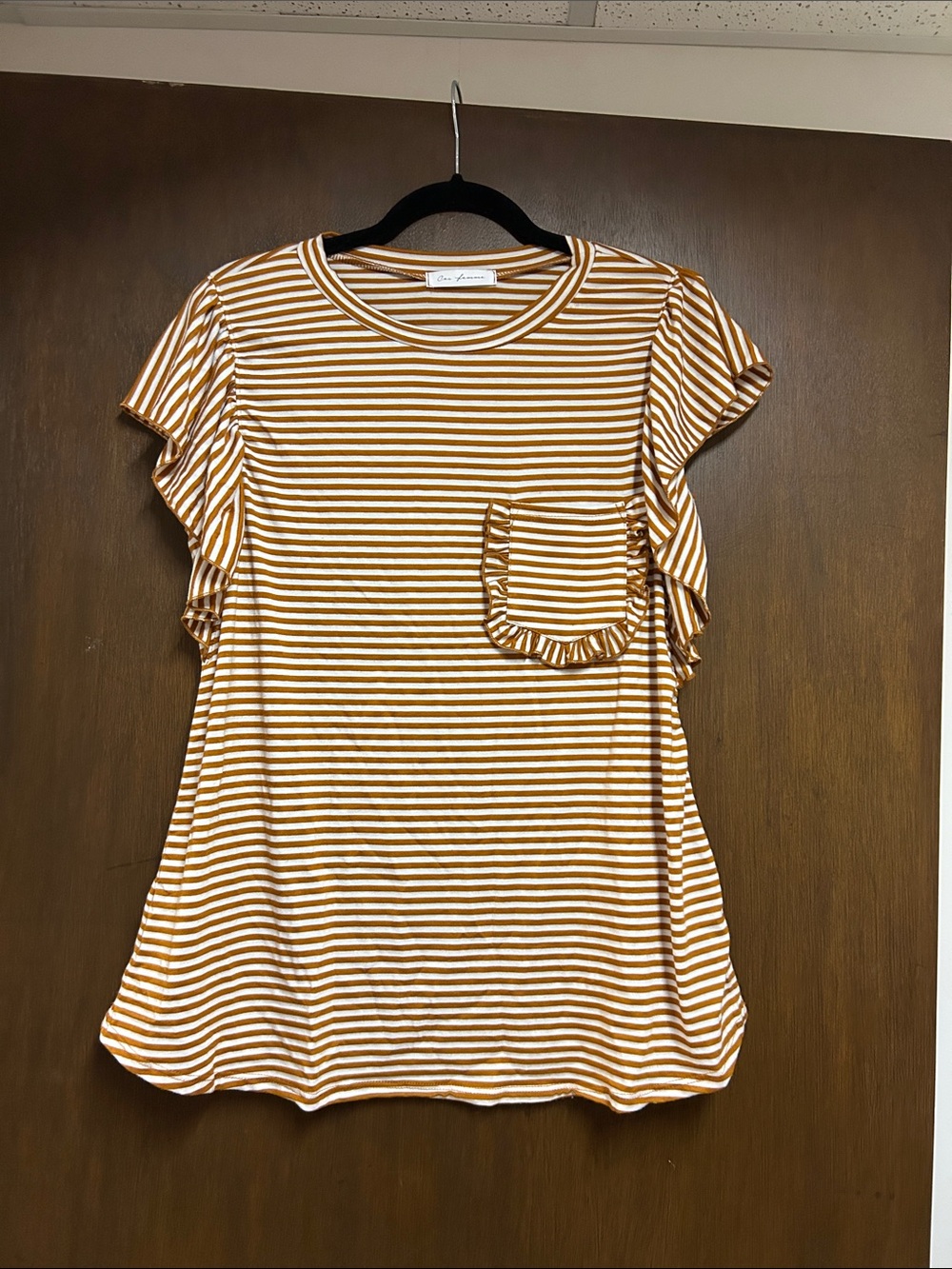 Ruffled Sleeve Stripe Tee - Mustard/White